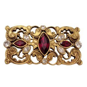 1928 Brand Gold Tone Red, Clear Glass Rhinestone Scroll Bar Brooch Pin E489